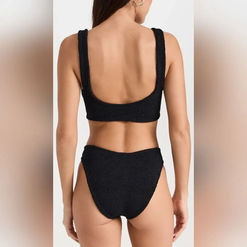 HUNZA G Bonnie Metallic Seersucker Bikini Black Textured Swimwear One-Size